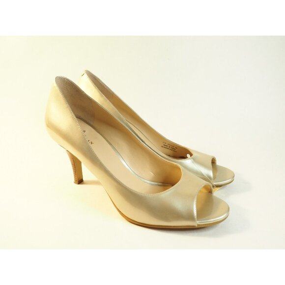 Cole Haan Champagne Patent Leather Peep Toe Heels, Size (US)
